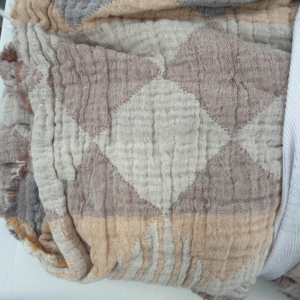 PiuBelle Queen Coverlet Diamond Peach Brown Gray Boho Earthy 100% Cotton
